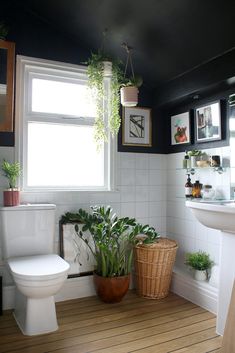 the bathroom is decorated in black and white with plants on the window sill next to the toilet