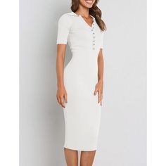 White Rib Button Lapel Collar Bodycon Dress Elegant Spring Bodycon Dress With Buttons, Knee-length Bodycon Dress With Button Closure, Elegant Summer Bodycon Dress With Button Closure, Chic Knee-length Bodycon Dress With Button Closure, Summer Knee-length Bodycon Dress With Button Closure, White Buttoned Midi Dress For Office, White Midi Dress With Buttons For Office, Spring Bodycon Dress With Buttons, Dresses Bodycon