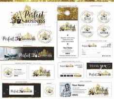 a set of business cards with gold glitter