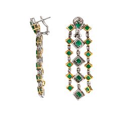 Gorgeous chandelier earrings in 18 karat gold. Adorned with Zambian square cut green emeralds in 11.09 carat total. Accented by white round diamonds 5.02 carat total. Diamonds are natural and in G-H Color Clarity VS. French / Omega clips. Vintage and Art Deco inspired. Earrings that will give you that celebrity sparkle. Width: 1.7 cm Height: 6.5 cm Weight: 41.23 g Platinum Bracelet, Gold Chandelier Earrings, Platinum Earrings, White Gold Bracelet, Colombian Emeralds, 18k Gold Jewelry, Gold Chandelier, Square Cut, Art Deco Inspired