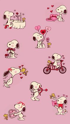 snoopy valentine stickers on pink background with hearts and other things in the background