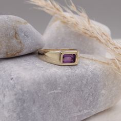 Dainty signet ring for women, features a natural amethyst stone set in a flush setting technique on a delicate solid gold band. Perfect ring for pinky or any finger your choose, can be a magnificent engagement ring as an alternative proposal ring, perfect anniversary ring or gift for those who were born in February This ring is made to order in 14k or 18k upon your choice. Measurements: * Gem Stones: 100% Natural Amethyst * Center Stone Measurements: 6.00x4.00 Approx. 0.5 * Color and Clarity: Clear Amethyst  * Material: High-Quality Solid Gold 14/18k ------CUSTOMIZATION------ ♥ Feel free to contact me for any other customization to your preferences. How to order: * Simply use the Menu Bar, choose necklace length :) * The necklace will be made for you and ready to be shipped in 7-9 business Flush Setting, Signet Rings Women, Born In February, Ring Purple, Purple Amethyst Ring, Solid Gold Band, Gold Signet Ring, Purple Band, Alternative Engagement Rings