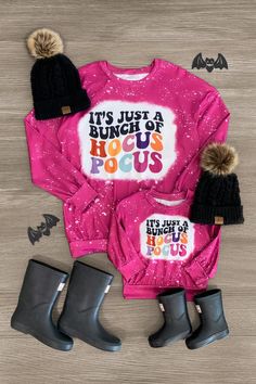 You and your little girl will be so cute matching in these "It's Just a Bunch of Hocus Pocus" Plum Top. This plum top features long sleeves with "It's Just a Bunch of Hocus Pocus" across the front. Shop online today! Plum Top, Distressed Leggings, Mommy Daughter Outfits, Sparkle In Pink, Baby First Halloween, Halloween Top, Cheer Shirts, Children Top, Long Sleeve Design