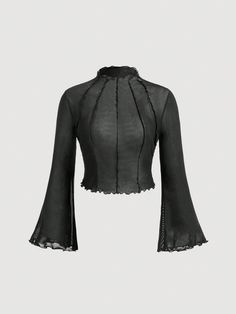 Negro Casual Collar manga larga Tela tejida Liso  Embellished Elástico Alto Outfits Fall Women, Top Halloween Costumes, Mesh Shirt, Outfits Fall, Bell Sleeve Blouse, Black Casual, Long Sleeve Knit, Halloween Outfits, Black Blouse