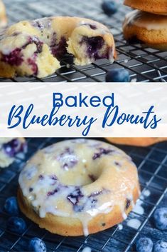 baked blueberry donuts are cooling on a wire rack with the words baked blueberry donuts above them