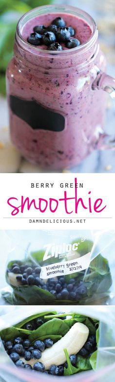 berry green smoothie with blueberries and bananas in a jar