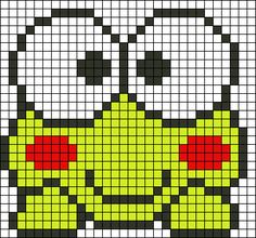 a cross stitch pattern with a yellow and red frog on it's face,