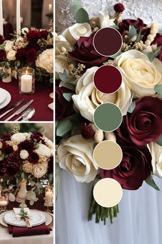 the table is set with red and white flowers, candles, and wine colored plates