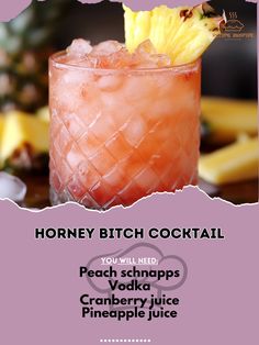 🍑 "Turn up the heat with our Horney Bitch Cocktail—a fruity and fierce drink for the wild at heart! 🍑🔥 #HorneyBitch #CocktailQueen" Horney Bitch Cocktail Ingredients: Peach schnapps (1 oz) Vodka (1 oz) Cranberry juice (2 oz) Pineapple juice (2 oz) Ice (as needed) Pineapple slice (for garnish) Instructions: Fill a shaker with ice. Add peach schnapps, vodka, cranberry juice, and pineapple juice. Shake well and strain into a glass. Garnish with a pineapple slice. 🍑 "Fruity, fun, and a little... Alcoholic Drinks That Taste Like Juice, Drinks For Brunch, Peach Vodka Drinks, Peach Schnapps Drinks, Fruity Cocktail Recipes, Drinks Alcohol Recipes Easy, Cranberry Juice And Vodka, Vodka Cranberry, Fruity Alcohol Drinks