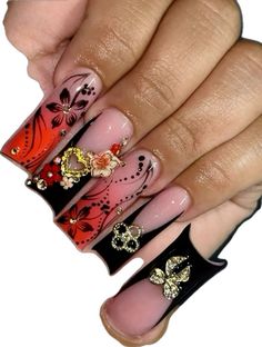 Black Unique Nails, Creative Red Nails, Red Black Nails Acrylic, Red Bling Acrylic Nails, Nail Inspo Red And Black, Mall Goth Nails, Red And Black French Tip Nails, Red And Black Nails Acrylic