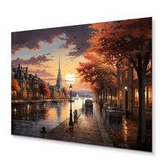 a painting of a city street at sunset