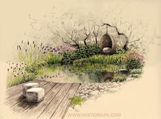 an artistic drawing of a pond with rocks and plants in the foreground, along with a wooden dock