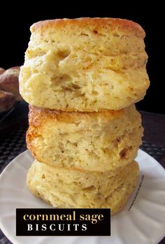 three biscuits stacked on top of each other with the words cornmeal sage biscuits