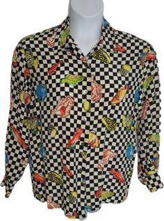 1980s silk fish shell beach checkerboard button up top. Loose fit. Several discoloration spots that have not been treated, shown in photos. So unique! Fun Multicolor Button-up Top, Multicolor Retro Print Button-up Top, Retro Button-up Shirt In Multicolor Print, Multicolor Vibrant Print Button-up Top, Multicolor Vibrant Print Button-up Shirt, Silk Button Up, Turquoise Print, 80s Mens, Button Up Top