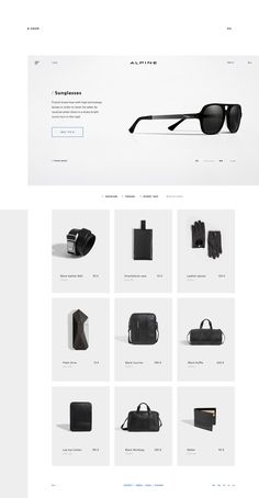 an image of a website page with sunglasses and bags on the front, in black and white