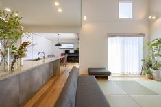 a living room filled with furniture next to a kitchen and dining room table covered in potted plants