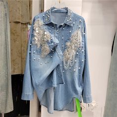 Floral Single Breasted Denim Shirt Embroidered Denim Shirt, Athleisure Dress, Womens Denim Shirt, Chic Shirts, Blouse Jeans, Denim Material, Blue Style, Embroidered Denim, Pearl Flower