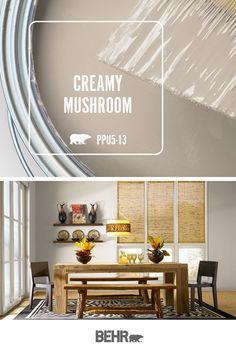 two photos with the words creamy mushroom on them and an image of a dining room table