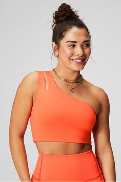 Asymmetrical Double Strap Midi Bra Fabletics orange female Activewear >> Womens >> Sports Bras >> Sports Bra >> Low Impact regular Yoga and Studio Removable Bra Cups Midi bra with asymmetrical neckline. Stretch Orange Sports Bra, Orange Summer Sports Bra, Summer Orange Sports Bra, Orange Sports Bra For Yoga In Summer, Summer Yoga Sports Bra In Orange, Summer Orange Yoga Activewear, Female Activewear, Womens Sports, Asymmetrical Neckline