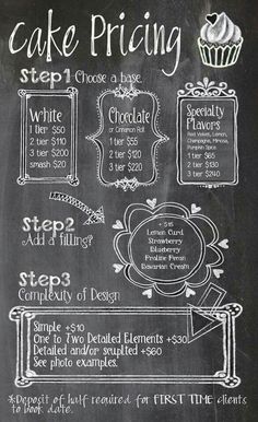 a chalkboard with instructions for cake pricing on it