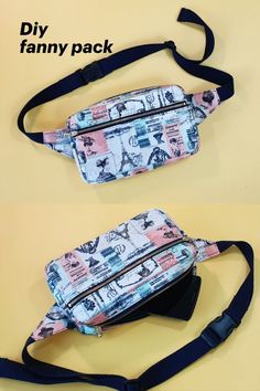 two pictures of a fanny bag with different patterns on it, one is blue and the other has pink