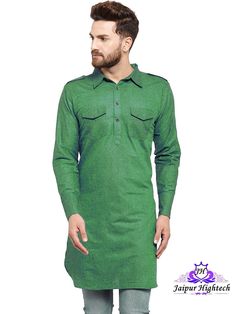 We bring to you this elegant design wedding party wear pathani style kurta long shirt summer outfit for men. This is Indian handmade cotton fabric men's wear versatile kurta. This plus size designer tunic has stylish straight collar neckline and graceful sleeve. This beautiful shirt top is made of cotton fabric so it will be comfortable and stylish. Increase your wardrobe collection as you wear this versatile kurta top from the house of Jaipur Hightech.  Give yourself a best ethnic look by weari Long Sleeve Cotton Sherwani With Dabka, Bollywood Style Cotton Kurta For Eid, Cotton Long Sleeve Sherwani For Eid, Bollywood Style Cotton Sherwani Straight Kurta, Bollywood Style Cotton Long Sleeve Sherwani, Bollywood Cotton Long Sleeve Sherwani, Bollywood Style Long Sleeve Cotton Sherwani, Traditional Green Cotton Shirt, Diwali Long Sleeve Cotton Sherwani