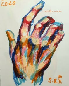 a drawing of a hand that has been made with colored crayon pencils