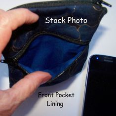 a hand is opening the pocket of a cell phone bag with text overlay that reads, stock photo front pocket lining