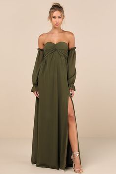 Glorious Invite Olive Green Knotted Off-the-Shoulder Maxi Dress Fitted Off-shoulder Dress For Casual Wear, Green Off-shoulder Fitted Maxi Dress, Green Fitted Off-shoulder Maxi Dress, Fitted Off-shoulder Maxi Dress For Brunch, Green Ruched Off-shoulder Maxi Dress, Black Tie Bridesmaid Dresses, Olive Green Dress Outfit, Olive Green Bridesmaid Dress, Knotted Maxi Dress