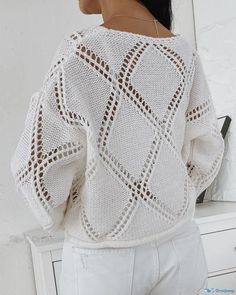 OrcaJump - Asymmetrical Knit Sweater with Exquisite Hollow Out Design Casual White Pointelle Knit Cardigan, Casual Open Knit Crew Neck Cardigan, Casual White Cardigan With Pointelle Knit, White Open Knit Crew Neck Cardigan, White Crew Neck Open Knit Cardigan, White Crew Neck Cardigan With Open Knit, Oversized White Pointelle Knit Top, Oversized White Knit Top, Asymmetrical Pattern