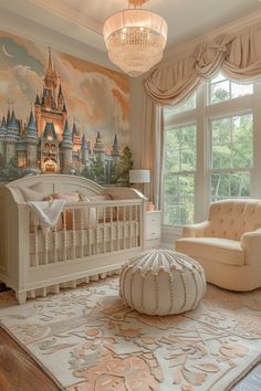 a baby's room with a castle mural on the wall and a chandelier