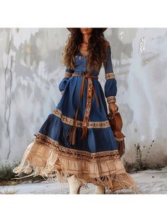 Women Elegant Dresses, Women's Gypsy Stitching Bohemian Dress Fall Bohemian Boho Dress For Vacation, Hippie Patchwork Dresses For Spring, Bohemian Dress With Boho Collar For Spring, Spring Bohemian Patchwork Maxi Dress, Bohemian Ruffled Dresses For Fall, Bohemian Ruffle Dresses For Fall, Blue Bohemian Maxi Dress For Fall, Bohemian Fall Dresses With Ruffles, Bohemian Patchwork Maxi Dress For Beach