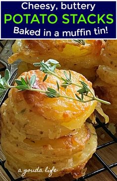 cheesy, buttery potato stacks baked in a muffin tin with herbs on top