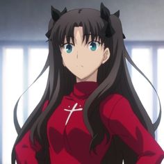 an anime character with long black hair and horns on her head is looking at the camera