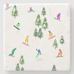 snowboarders and trees on a white background with green, blue, pink, yellow and orange