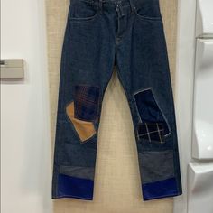 Multi Panel Fabric Patchwork Jeans By Junya Watanabe Worn Once And Still Dark Denim. Size Small Fits 28 To 32” Waist. Made In Japan Commedesgarcons. Yohjiyamamoto. Japan. Undercover. Sacai. Kapital. Visvim. Rrl. Misterfreedom. N.Hoolywood. Indigo. Fabric Patchwork, Patchwork Jeans, Junya Watanabe, Dark Denim, Colored Jeans, Blue Brown, Made In Japan, Mens Jeans, Japan