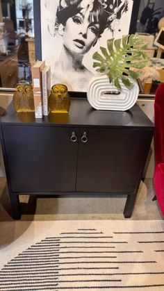 a black cabinet with a plant on top in a room filled with furniture and decor