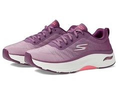 SKECHERS Max Cushioning Arch Fit Breeze Tech - Women's Shoes : Purple/Pink : Walk in comfort and style all day long wearing the lightweight and durable SKECHERS Max Cushioning Arch Fit Breeze Tech shoes. Running shoes with engineered mesh knit upper. Removable Arch FitA insole reduce shock and increase weight dispersion. Lightweight and responsive ULTRA GOA midsole. Classic round toe silhouette. Brand name and logo detailing on the padded tongue and the quarter respectively. Lace-up closure for Comfortable Sneakers With Air Cushioning For Workout, Low-top Running Shoes With Arch Support In Breathable Fabric, Low-top Running Shoes With Arch Support And Breathable Fabric, Durable Mesh Walking Shoes For Athleisure, Low-top Breathable Running Shoes With Arch Support, Comfortable Air-cushioned Sneakers For Workout, Purple Breathable Mesh Running Shoes, Comfortable Workout Sneakers With Air Cushioning, Breathable Running Shoes With Arch Support