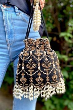 Shop for Adora by Ankita Poly Silk Embellished Potli Bag Online at Aza Fashions Crochet Potli Bag, Potli Purse, Zardozi Embroidery, Pakistani Clothes, Potli Bag, Potli Bags, Embroidery Bags, Fancy Bags, Mens Accessories Jewelry