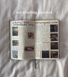 an open book sitting on top of a bed with white sheets and text reading my reading journal