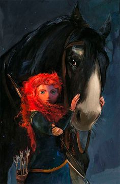 a painting of a red headed woman hugging a black and white horse's face