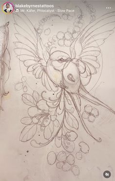 a drawing of a bird with flowers on it's wings and an arrow in its beak