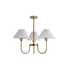 three light brass chandelier with white pleated shades