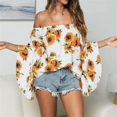 Sunflower Off Shoulder Bardot Blouse, White Streetwear, Baggy Tops, White Blouses, Fashion Curvy, Rock Chick, Flared Sleeves Top, Chic Blouses, Cute Crop Tops