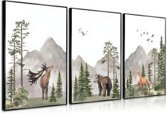 three paintings with animals and trees in the background