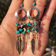 Heavy Native Sterling Silver 925 Turquoise Bear Feather Disc Statement Duster Earrings Absolutely Stunning Vintage Native American Handmade Sterling Silver 925 Long Statement Earrings. Starts With A French Wire Hook With Two Tiny Sterling Silver Balls With Turquoise Nugget In Between, Then An Open Disc With Three Cascading Lines Of Turquoise Nuggets, Sterling Balls, Sterling Bears And Feather. No Stamps, Which Is Very Typical Of Vintage Native American Pieces, But Tested With A Neodymium Magnet And Jsp Acid, Guaranteed Sterling. Tags: Native American, Southwestern, Western, Jewelry, Ranch Girl, Vintage, Tribal, Aztec, Hippie, Boho, Bohemian, Gypsy, Moon Child, Desert, Country Gir Ranch Girl, Duster Earrings, Long Statement Earrings, Girl Vintage, Native Jewelry, Western Jewelry, French Wire, Moon Child, Flower Child