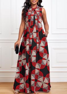 ROTITA Ribbon Geometric Print Red A Line Sleeveless Dress Aline Dress Pattern, Latest Ankara Dresses, African Fashion Week, Long African Dresses, African Print Dress Ankara, African Print Clothing, African Dresses Modern, Ankara Dresses, African Fashion Modern