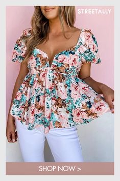 Summer Floral V-Neck Short Sleeve Casual Swing Ladies Top Blouses & Shirts Vintage Suspenders, Mint Blouse, Ladies Tops Blouses, Ladies Top, Floral Print Tops, Summer Floral, Women Clothing Boutique, Trendy Fashion Women, Floral Printed