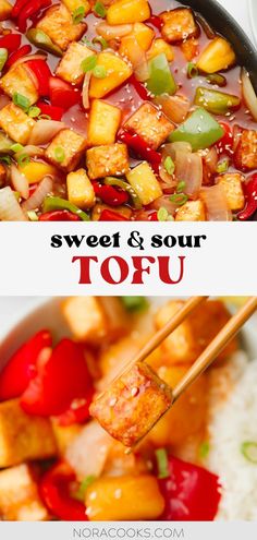 tofu and vegetables in a bowl with chopsticks on the side that says sweet & sour topu