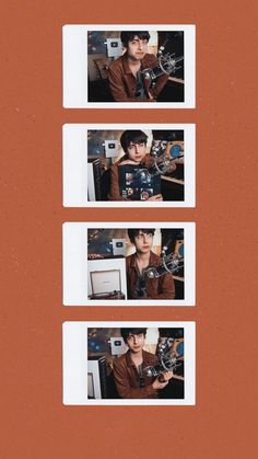 three polaroid photos with the same person holding a camera in front of them on an orange background